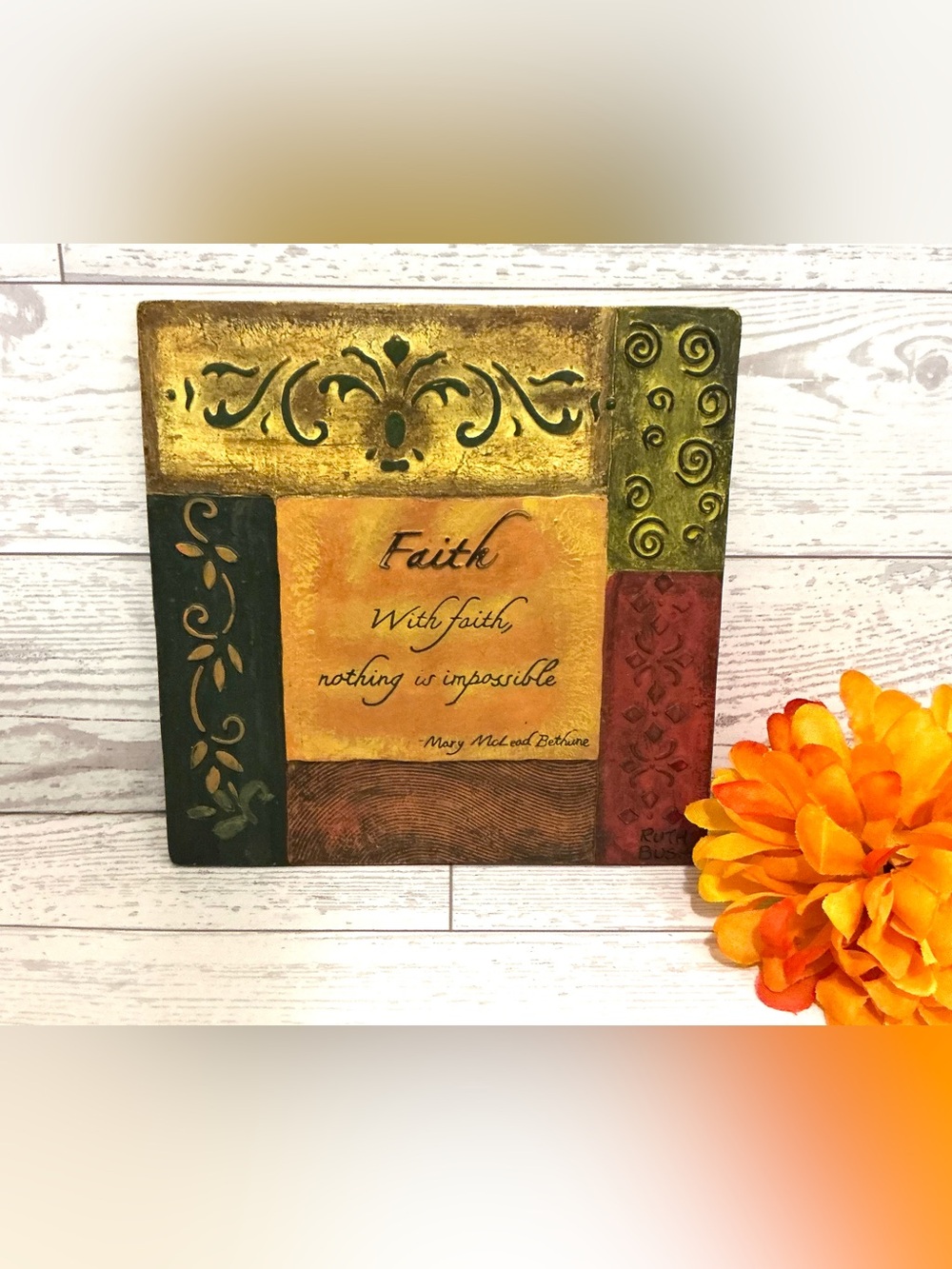 Faith Decorative Plaque with Orange Flower Accent